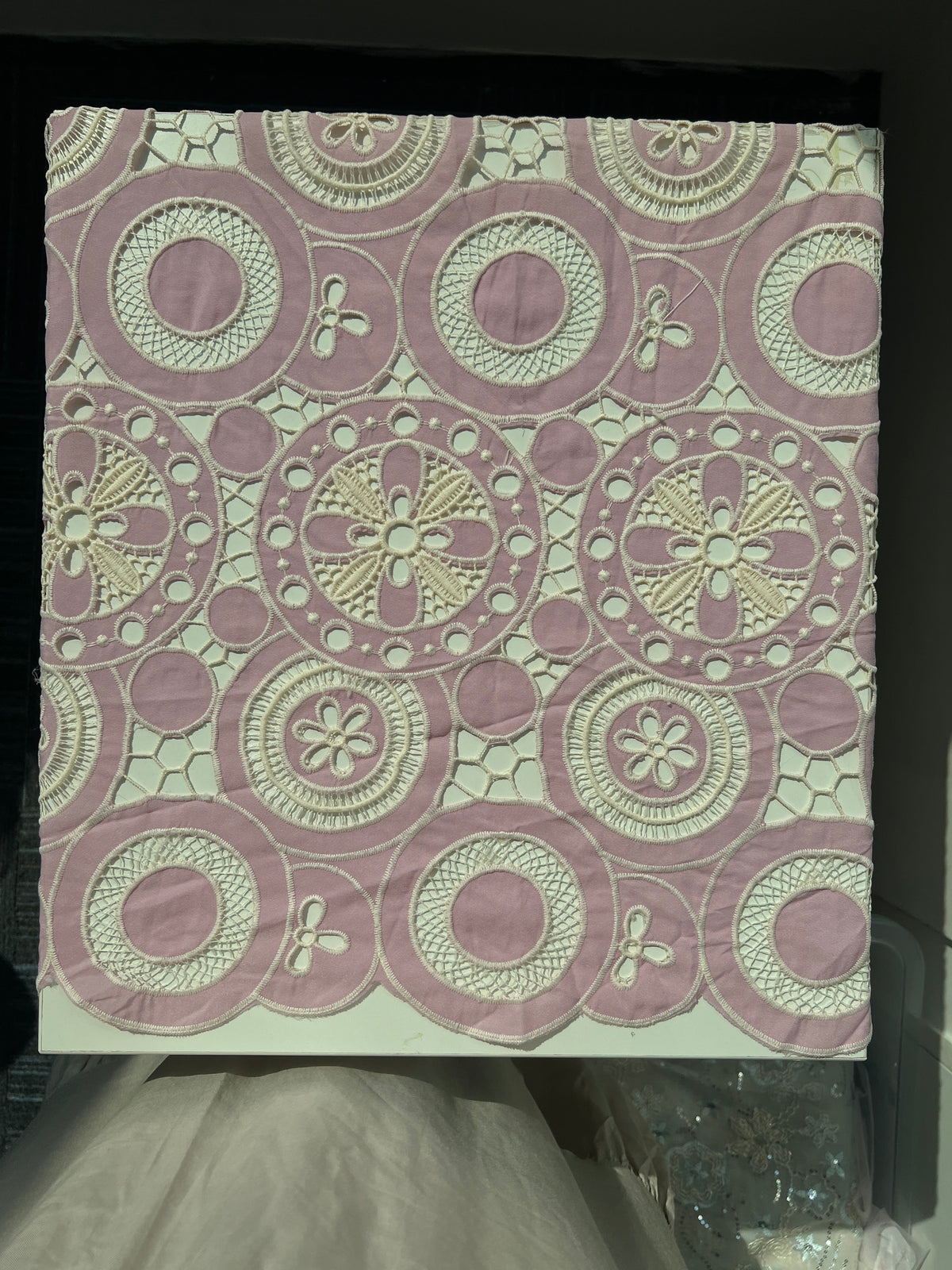 Laser Cut Circular Medallion Embroidery On Poly - Pink, Cream